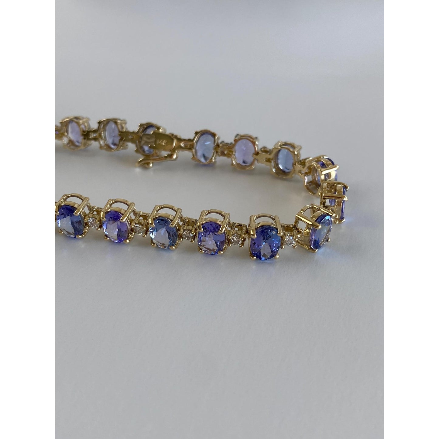 Vintage Solid 14k Yellow Gold Tanzanite Diamond Link Bracelet - 7.25 inches