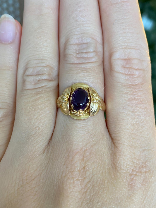 Vintage Solid 18k Yellow Gold Amethyst Leaves Design Ring - Size 6.75