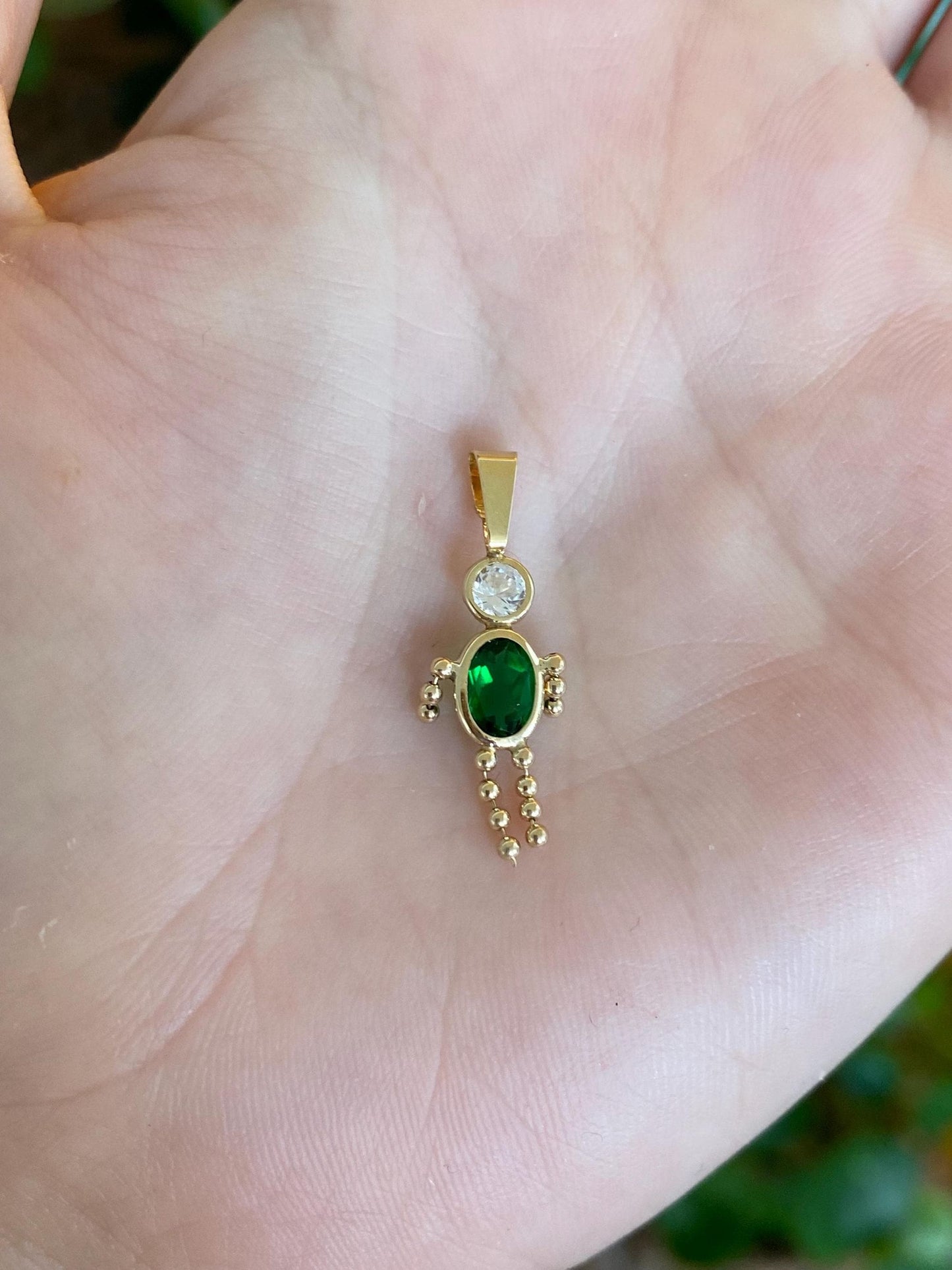Vintage Solid 14k Yellow Gold Green & Clear Cubic Zirconia Boy Charm