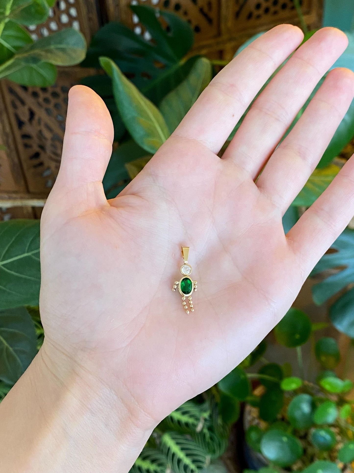 Vintage Solid 14k Yellow Gold Green & Clear Cubic Zirconia Boy Charm