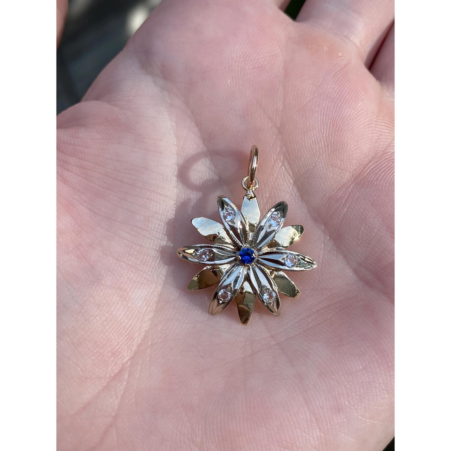 Vintage Solid 14k Yellow Gold Blue & Clear Spinel Flower Charm