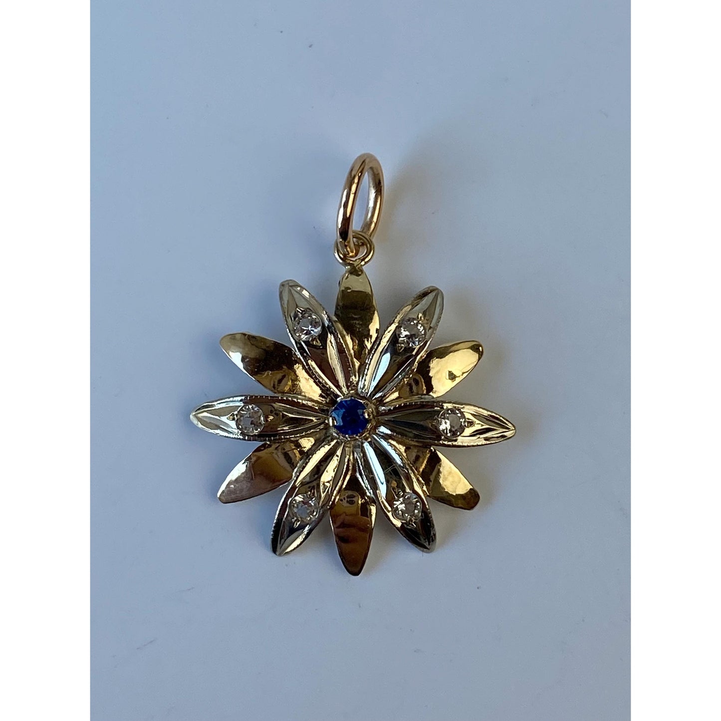 Vintage Solid 14k Yellow Gold Blue & Clear Spinel Flower Charm