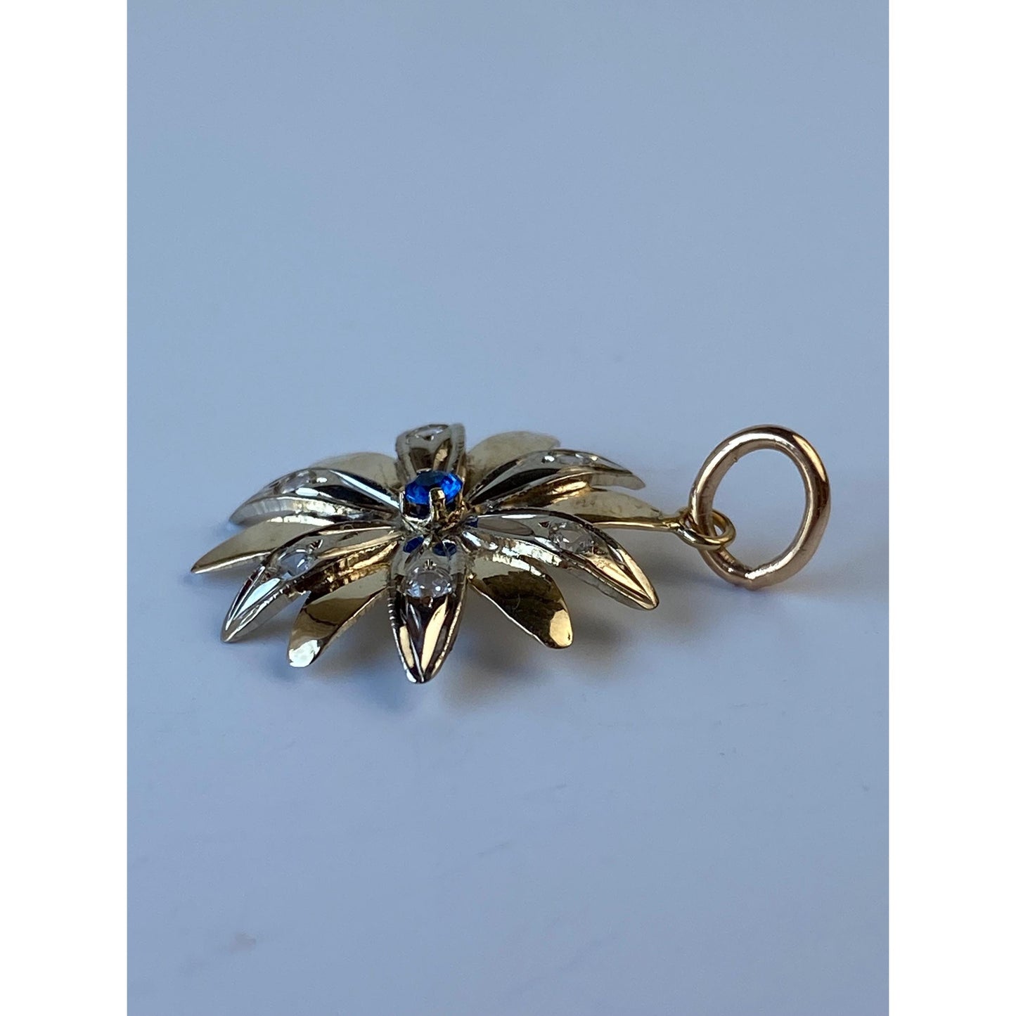 Vintage Solid 14k Yellow Gold Blue & Clear Spinel Flower Charm