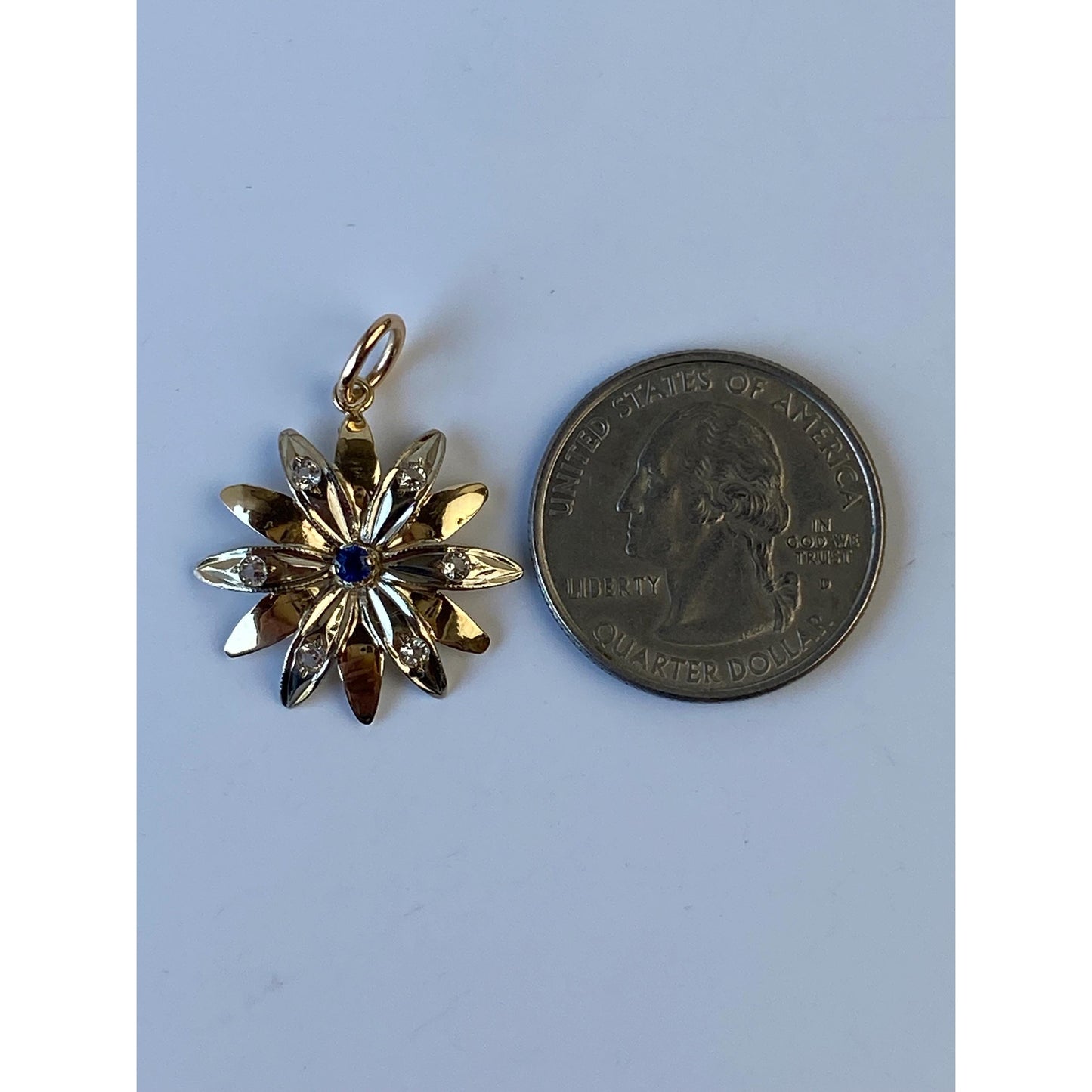 Vintage Solid 14k Yellow Gold Blue & Clear Spinel Flower Charm