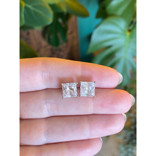 Solid 14k White Gold Clear Cubic Zirconia Square Stud Earrings