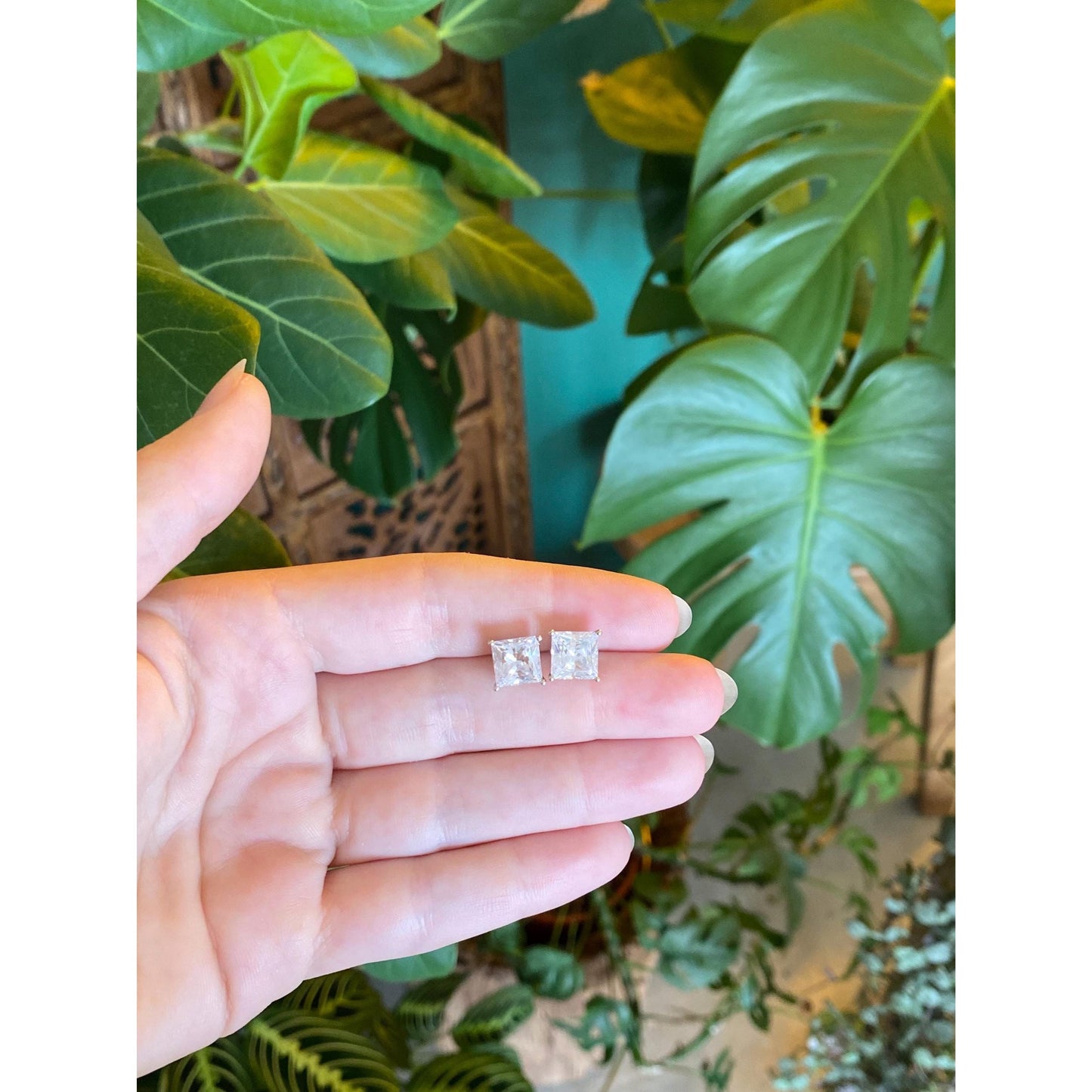 Solid 14k White Gold Clear Cubic Zirconia Square Stud Earrings