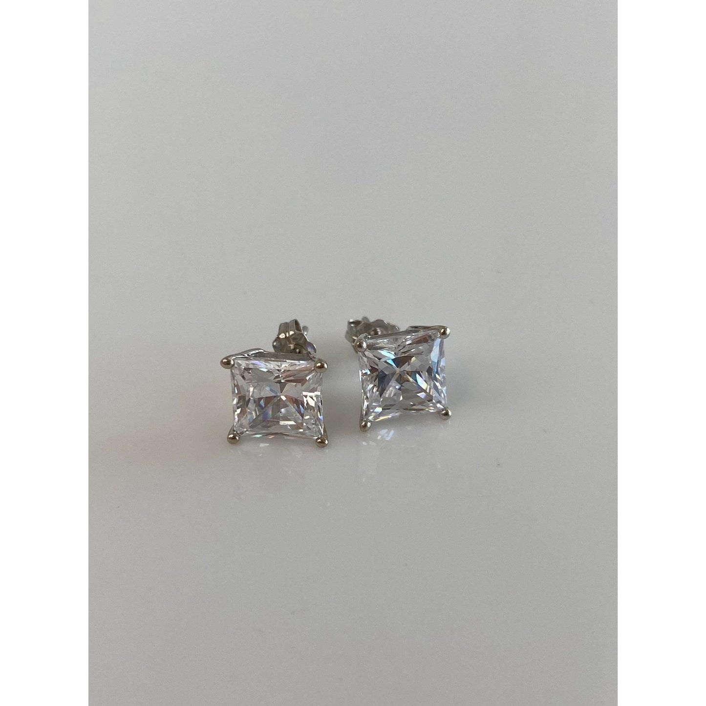 Solid 14k White Gold Clear Cubic Zirconia Square Stud Earrings