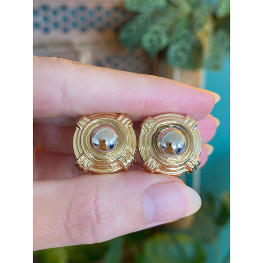 Vintage 14k White & Yellow Gold Medallion Style Domed Stud Earrings