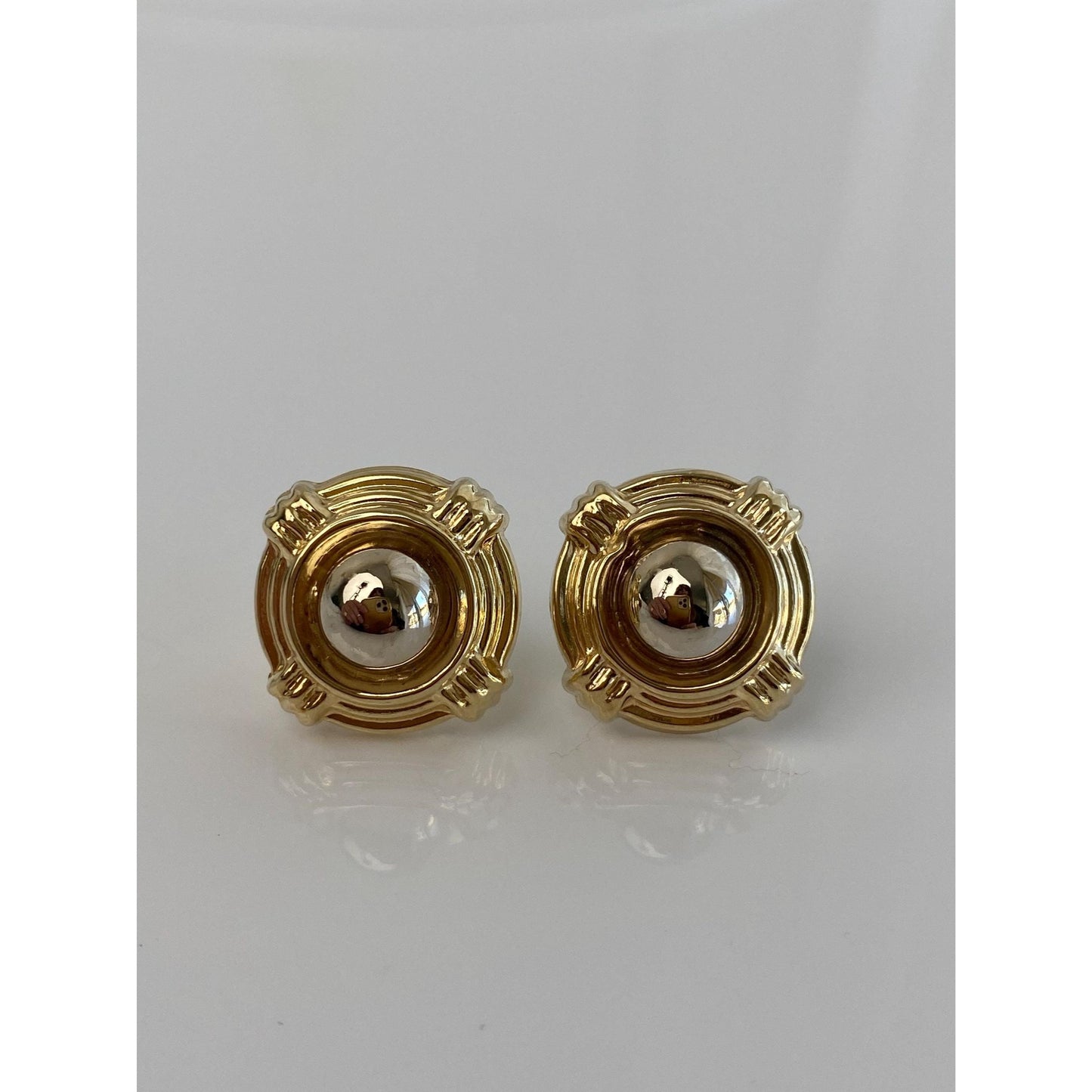 Vintage 14k White & Yellow Gold Medallion Style Domed Stud Earrings