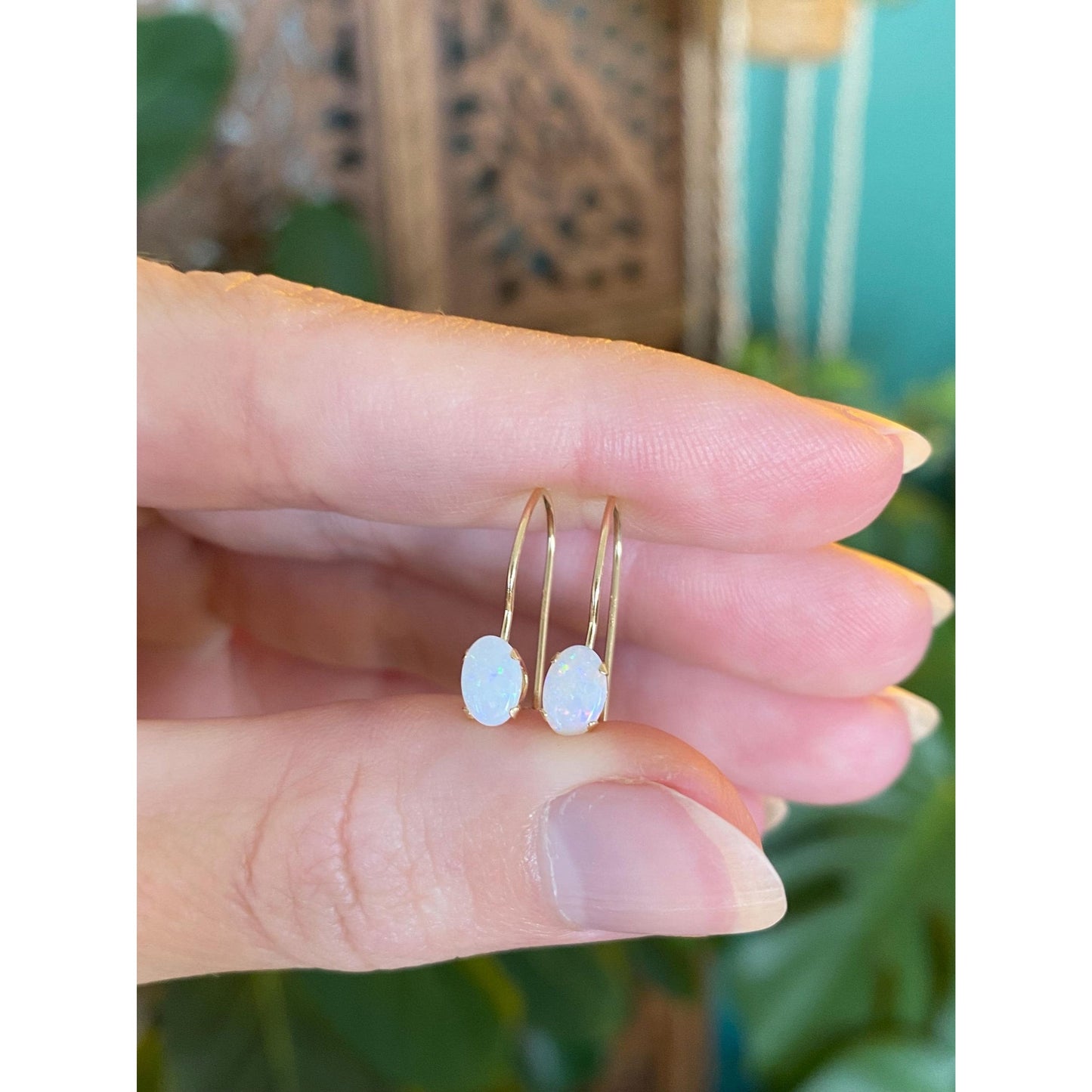 Vintage Solid 14k Yellow Gold Opal Drop Earrings
