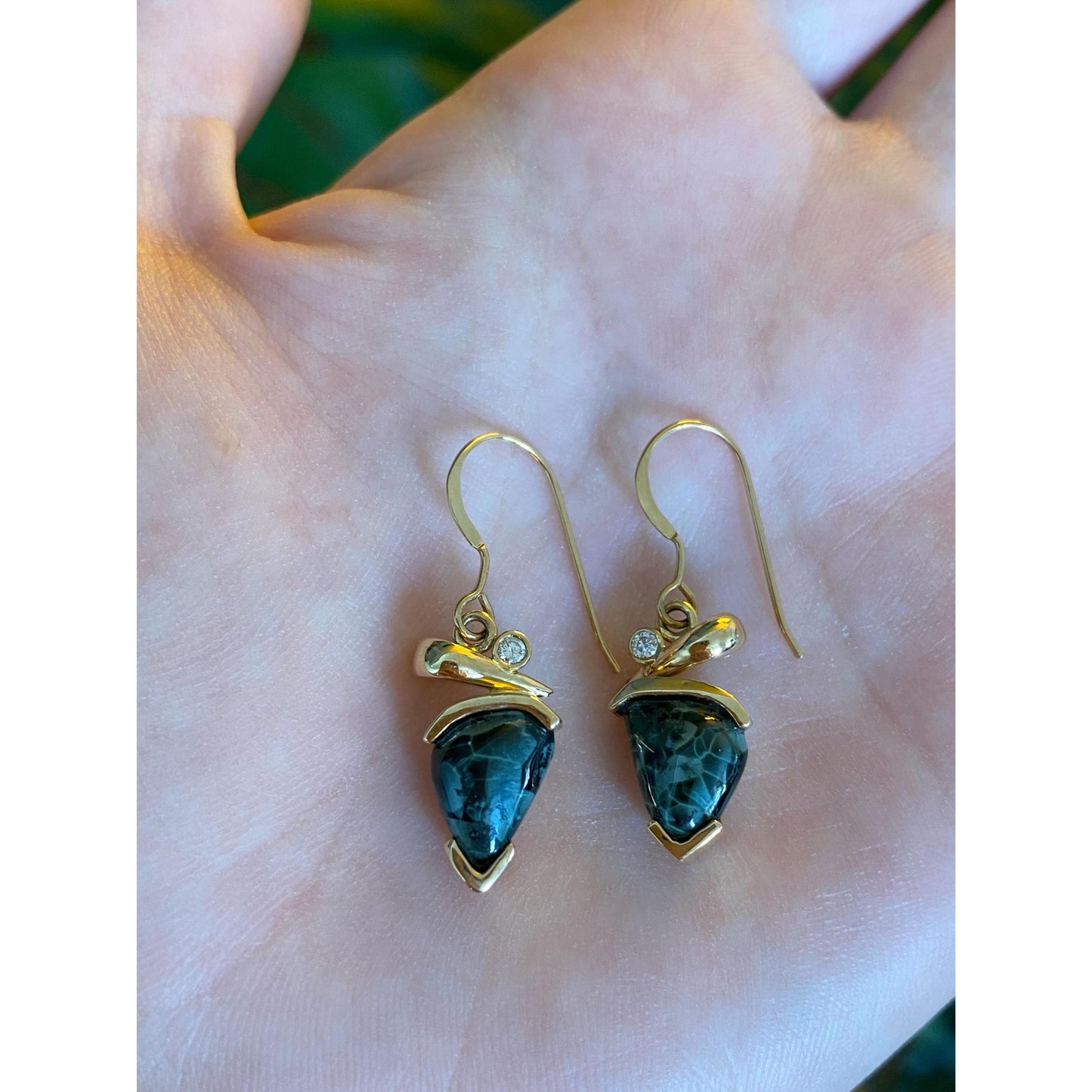 Vintage Solid 14k Yellow Gold Isle Royale Stone & Diamond Drop Earrings