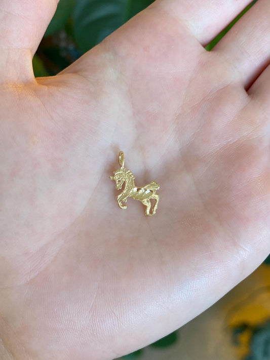 Vintage Solid 14k Yellow Gold Diamond Cut Unicorn Charm