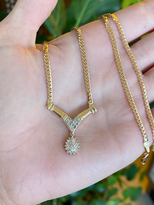 Vintage Solid 14k White & Yellow Gold Diamond Flat Chain Necklace - 17.25 inches