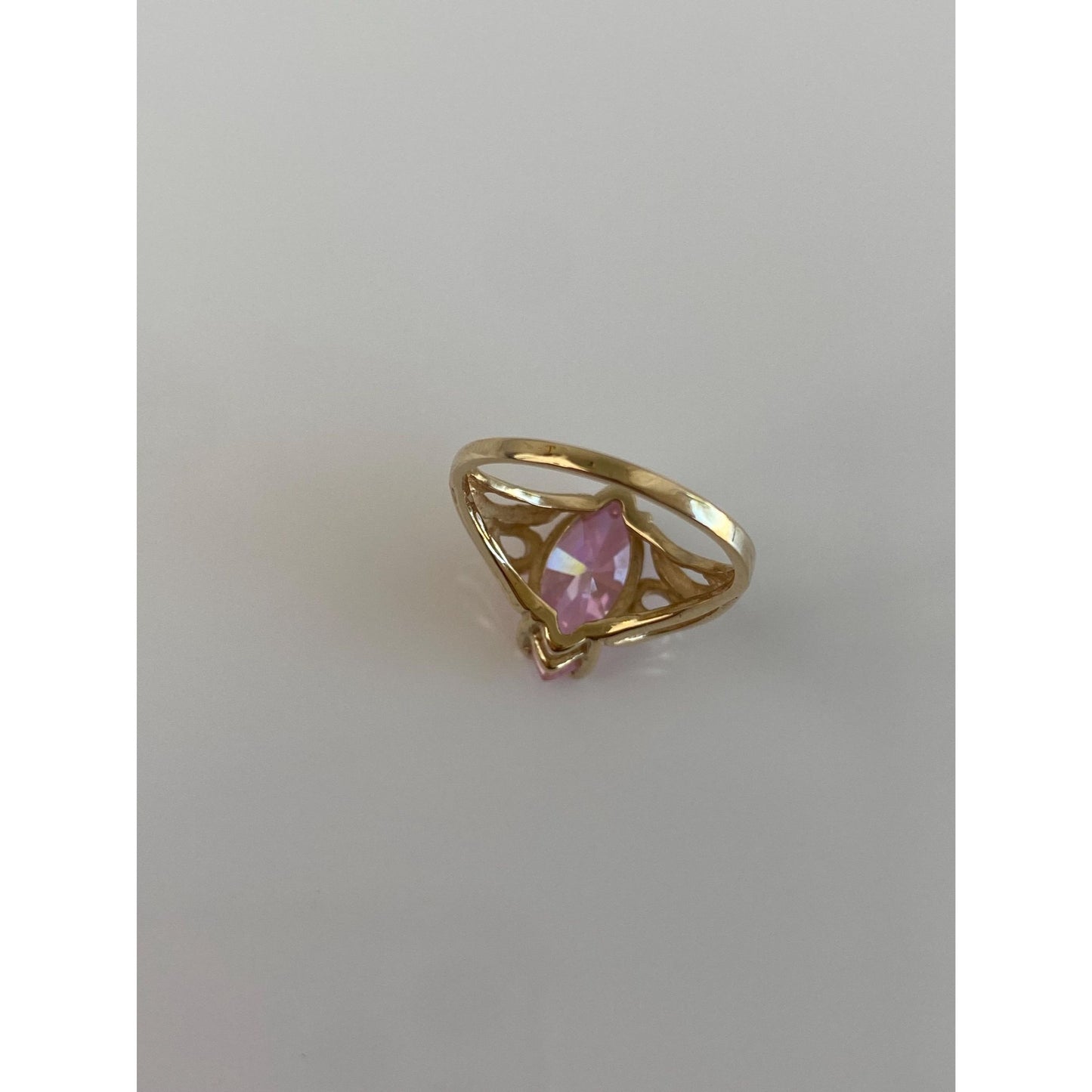 Vintage Solid 10k Yellow Gold Pink Cubic Zirconia Marquis Ring - Size 6.5