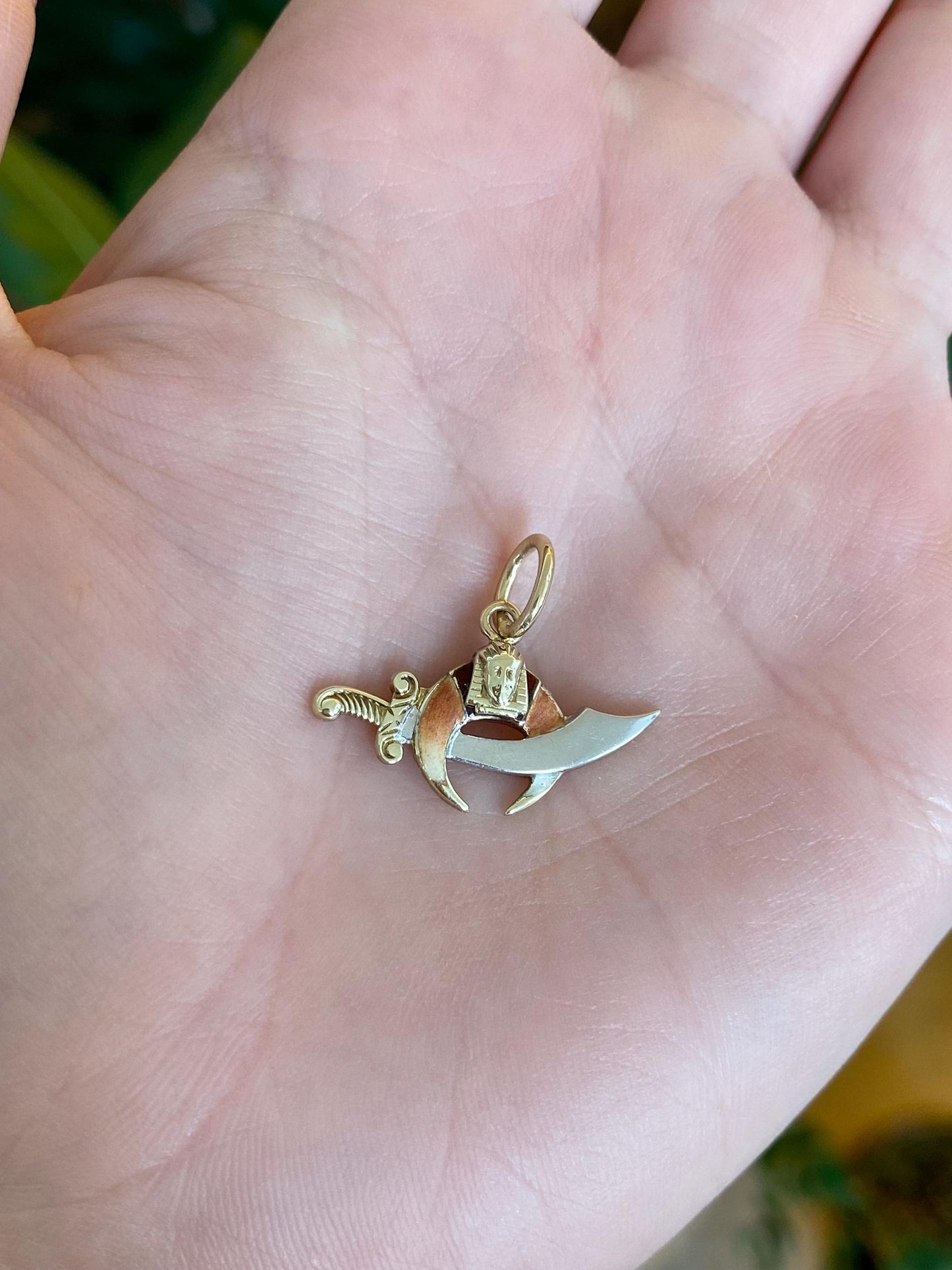 Vintage Solid 14k White & Yellow Gold Enamel Sword Egyptian Freemason Charm
