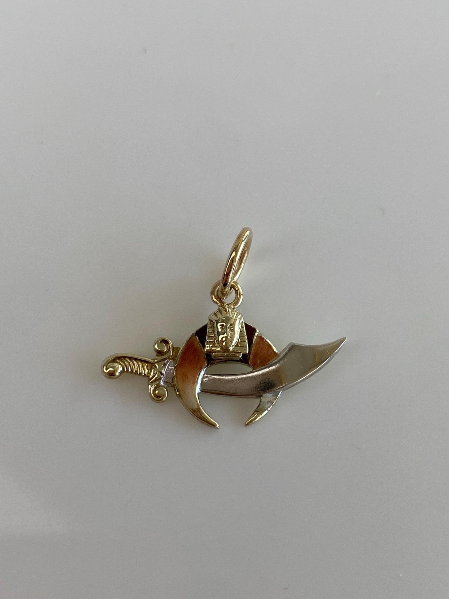 Vintage Solid 14k White & Yellow Gold Enamel Sword Egyptian Freemason Charm
