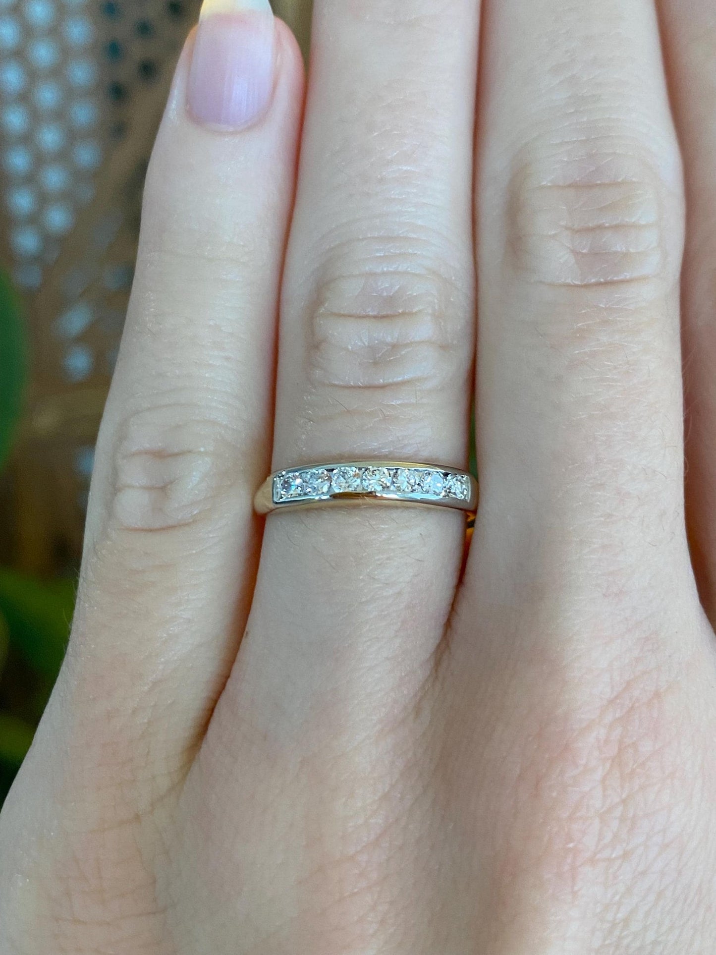 Vintage Solid 14k White & Yellow Gold Clear Sapphire Ring Band - Size 5.5
