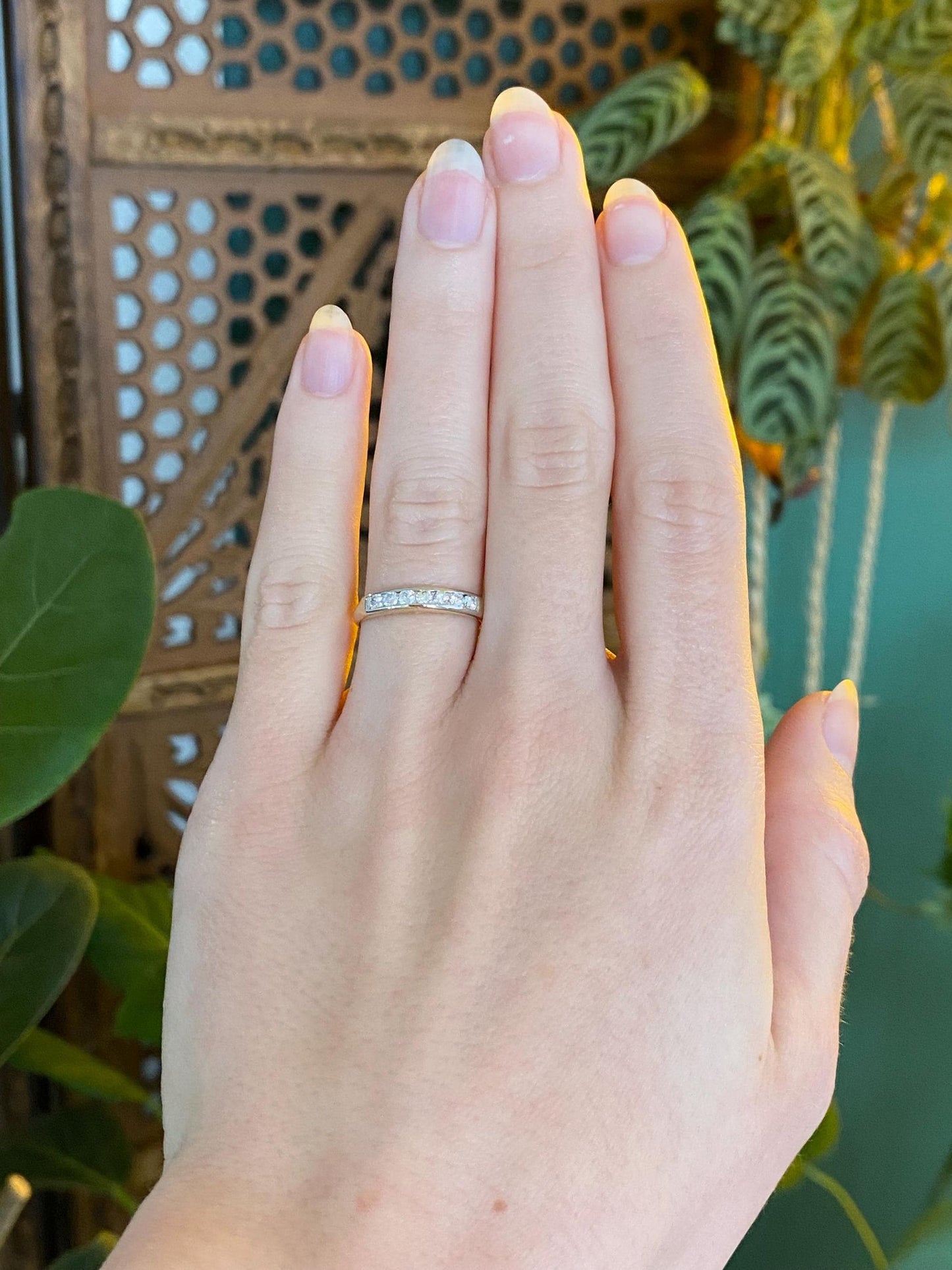 Vintage Solid 14k White & Yellow Gold Clear Sapphire Ring Band - Size 5.5