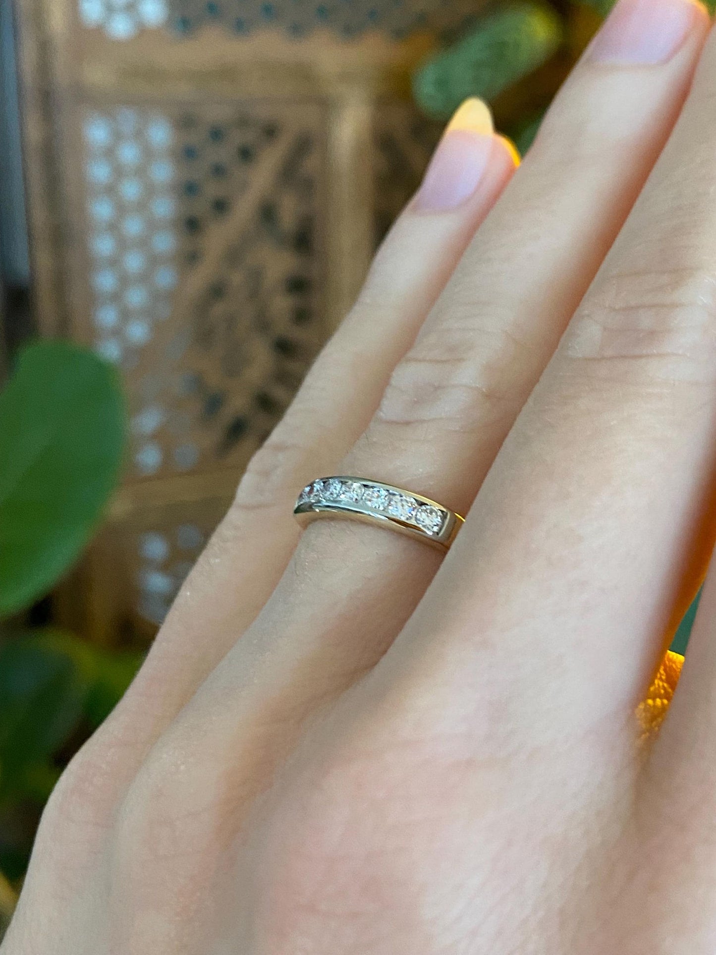 Vintage Solid 14k White & Yellow Gold Clear Sapphire Ring Band - Size 5.5