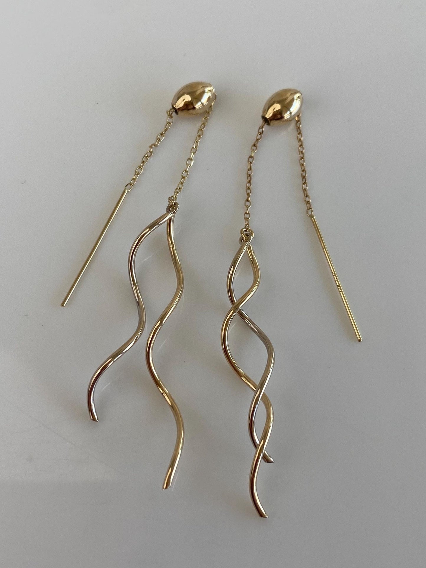 Vintage 14k Yellow Gold Spirals Oval Ball Dainty Cable Chain Threader Earrings