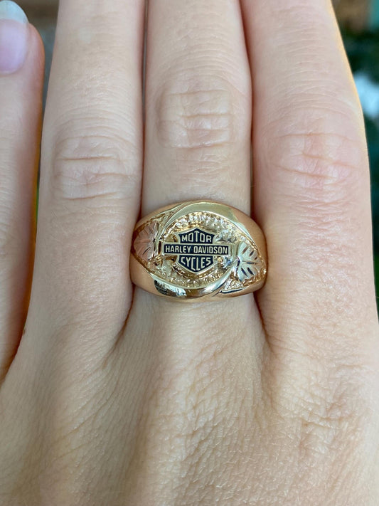 Solid 10k Black Hills Gold Leaves Black Enamel 'Harley Davidson' Ring - Size 9.75