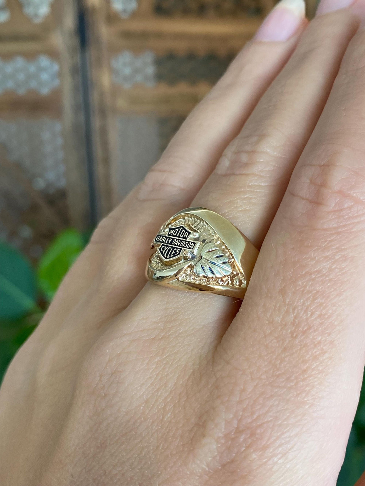 Solid 10k Black Hills Gold Leaves Black Enamel 'Harley Davidson' Ring - Size 9.75