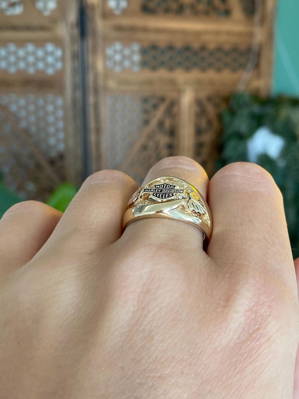 Solid 10k Black Hills Gold Leaves Black Enamel 'Harley Davidson' Ring - Size 9.75