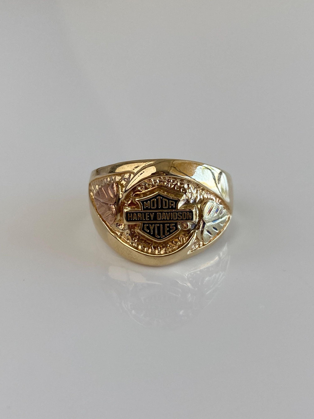 Solid 10k Black Hills Gold Leaves Black Enamel 'Harley Davidson' Ring - Size 9.75