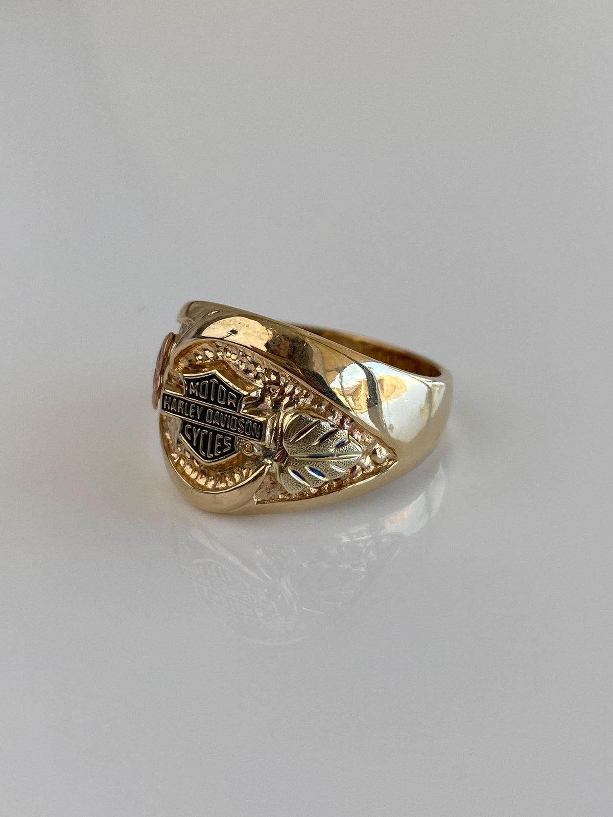 Solid 10k Black Hills Gold Leaves Black Enamel 'Harley Davidson' Ring - Size 9.75
