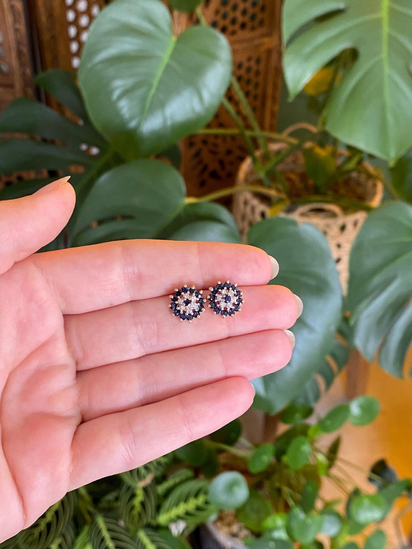 Vintage Solid 14k Yellow Gold Blue Sapphire Diamond Stud Earrings