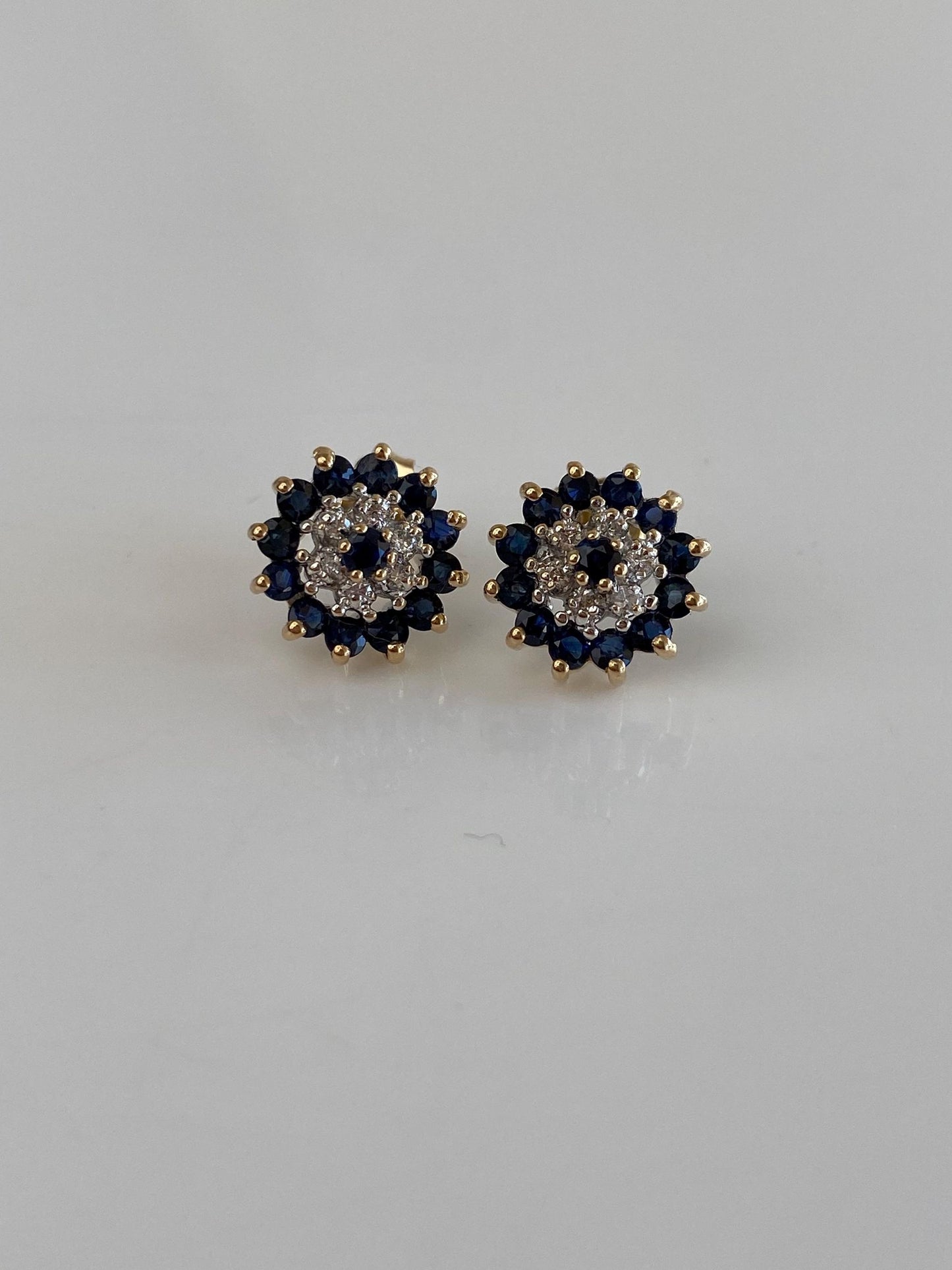 Vintage Solid 14k Yellow Gold Blue Sapphire Diamond Stud Earrings