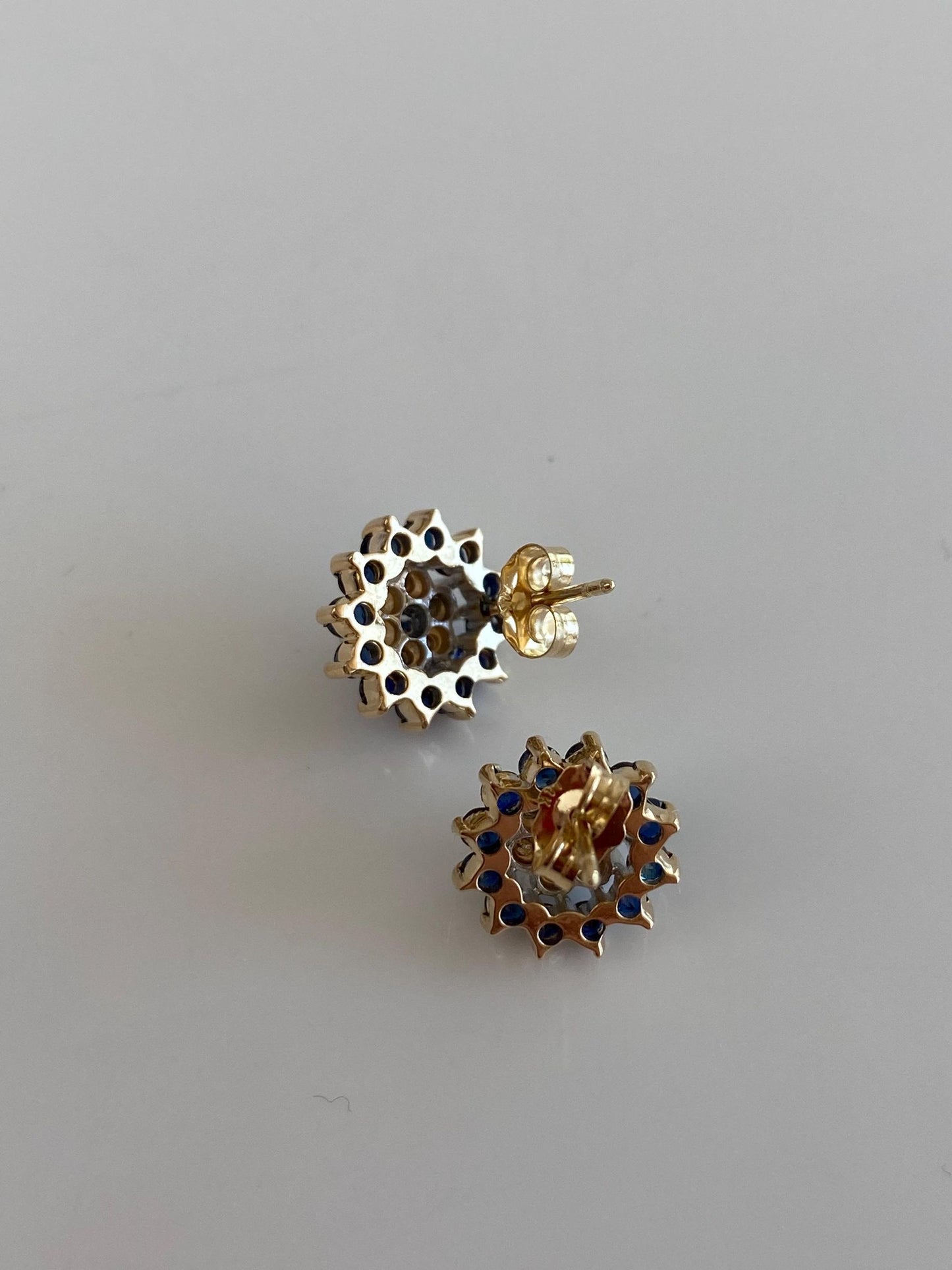 Vintage Solid 14k Yellow Gold Blue Sapphire Diamond Stud Earrings