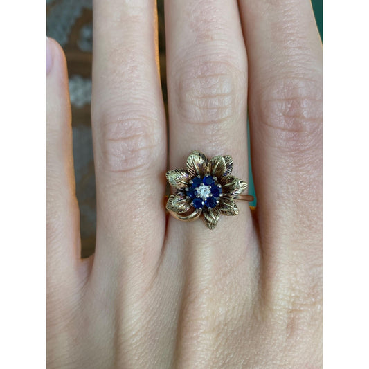 Vintage Solid 14k Yellow Gold Clear Sapphire Blue Spinel Flower Ring - Size 6
