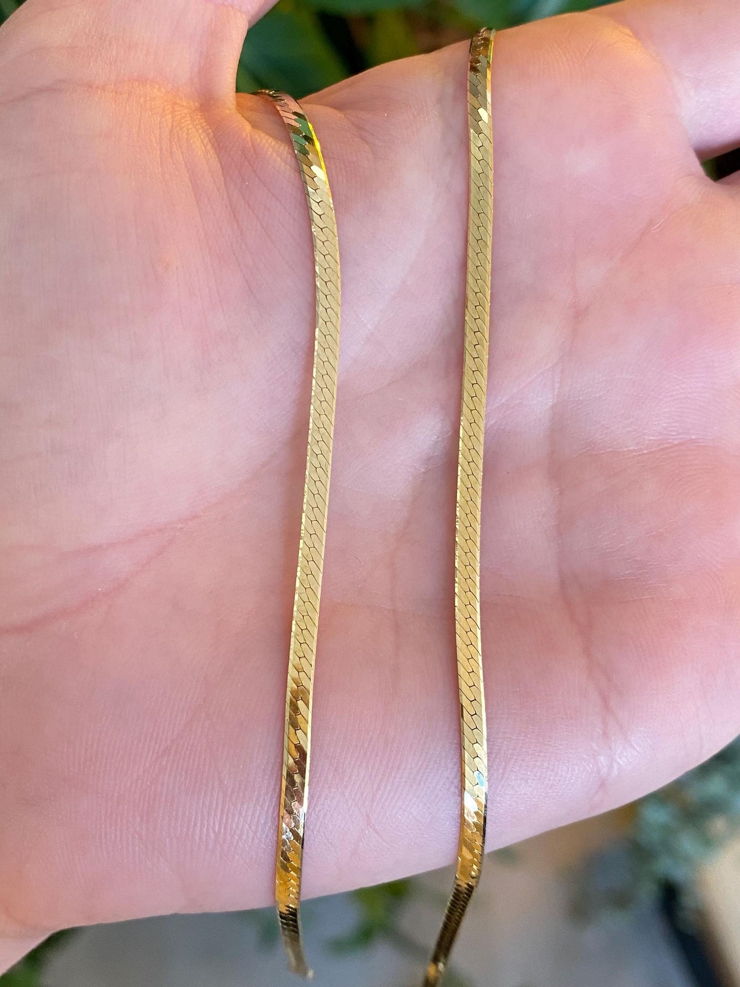 Vintage Solid 14k Yellow Gold Slim Herringbone Chain Necklace - 16 inches