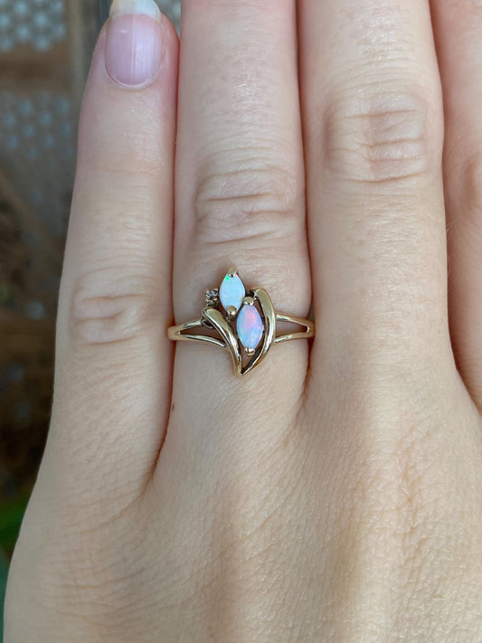 Vintage Solid 10k Yellow Gold Diamond Marquis Opals Ring - Size 5.5