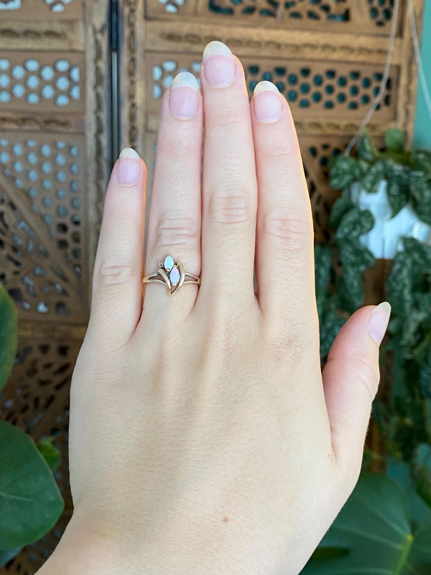 Vintage Solid 10k Yellow Gold Diamond Marquis Opals Ring - Size 5.5