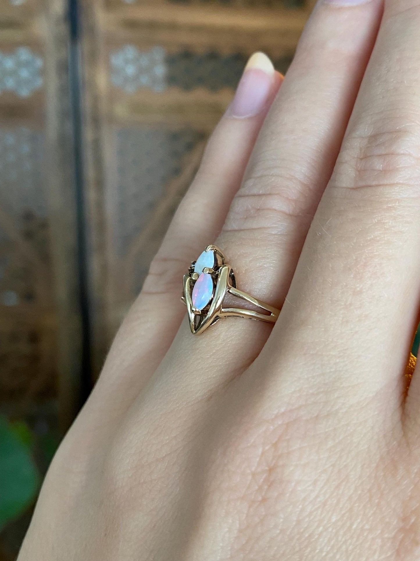 Vintage Solid 10k Yellow Gold Diamond Marquis Opals Ring - Size 5.5