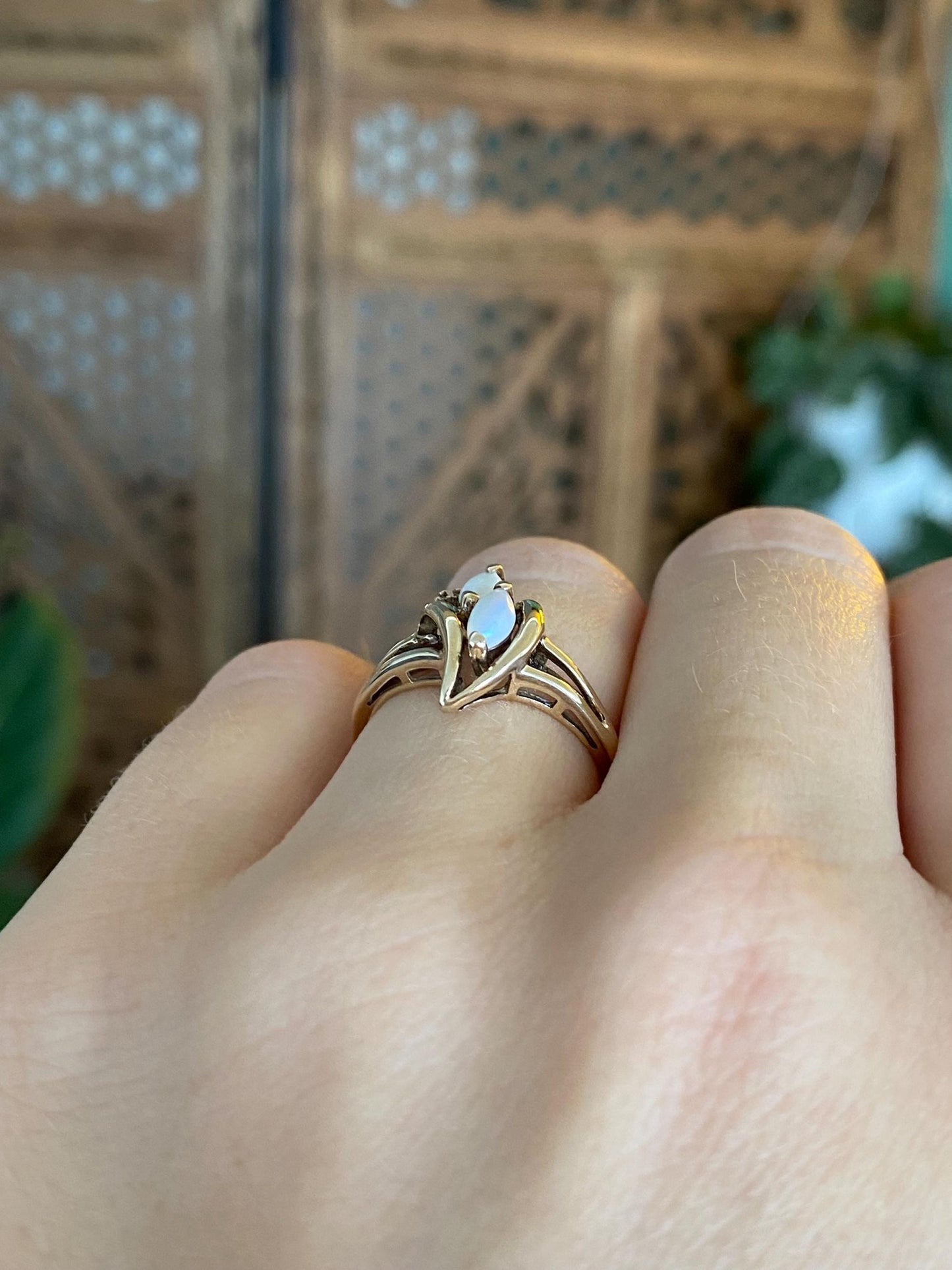 Vintage Solid 10k Yellow Gold Diamond Marquis Opals Ring - Size 5.5