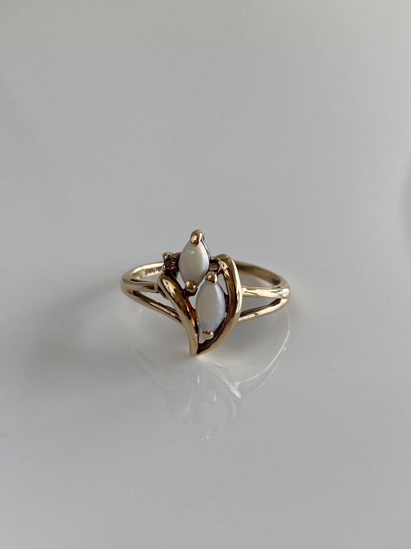 Vintage Solid 10k Yellow Gold Diamond Marquis Opals Ring - Size 5.5