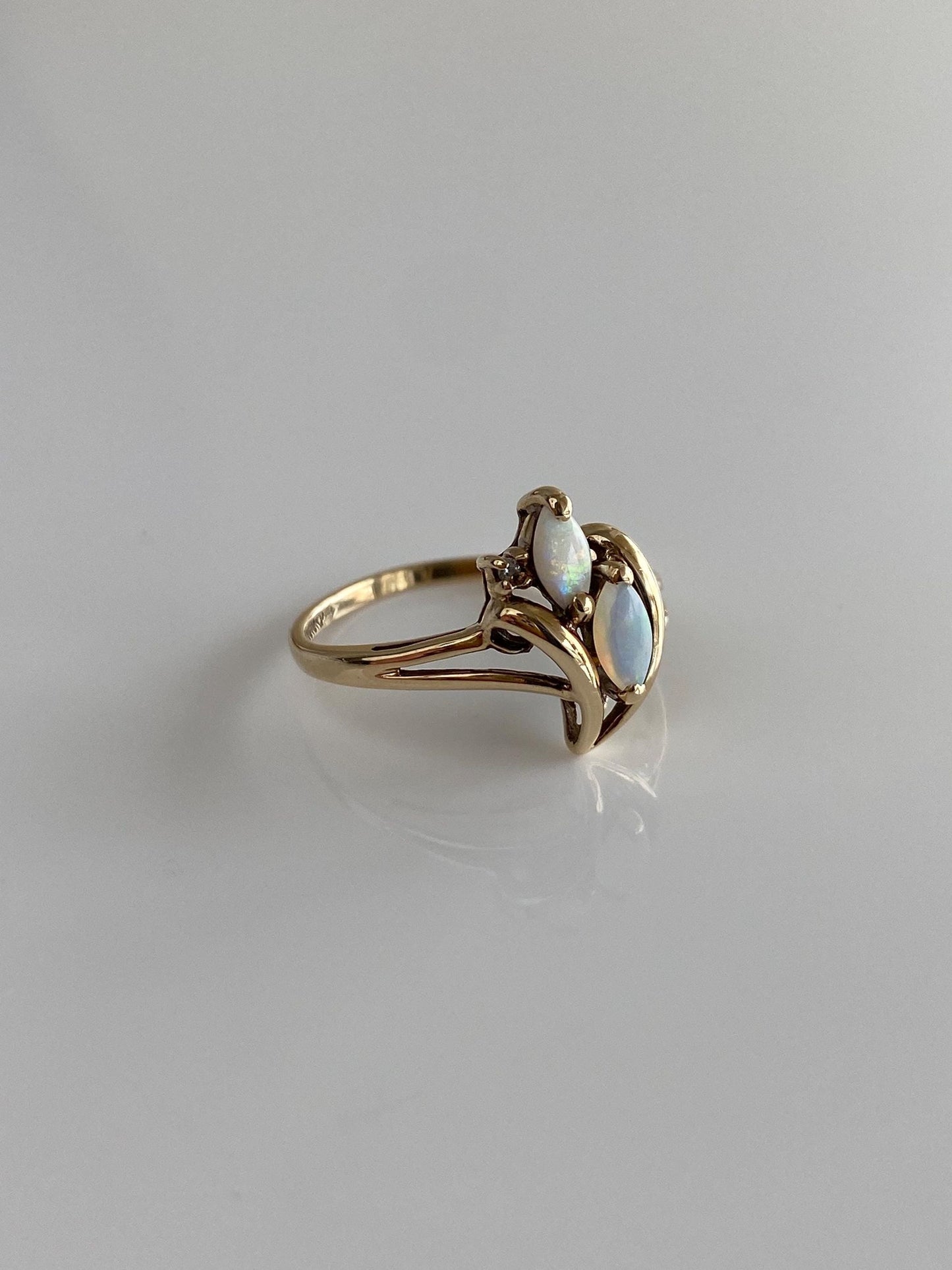 Vintage Solid 10k Yellow Gold Diamond Marquis Opals Ring - Size 5.5