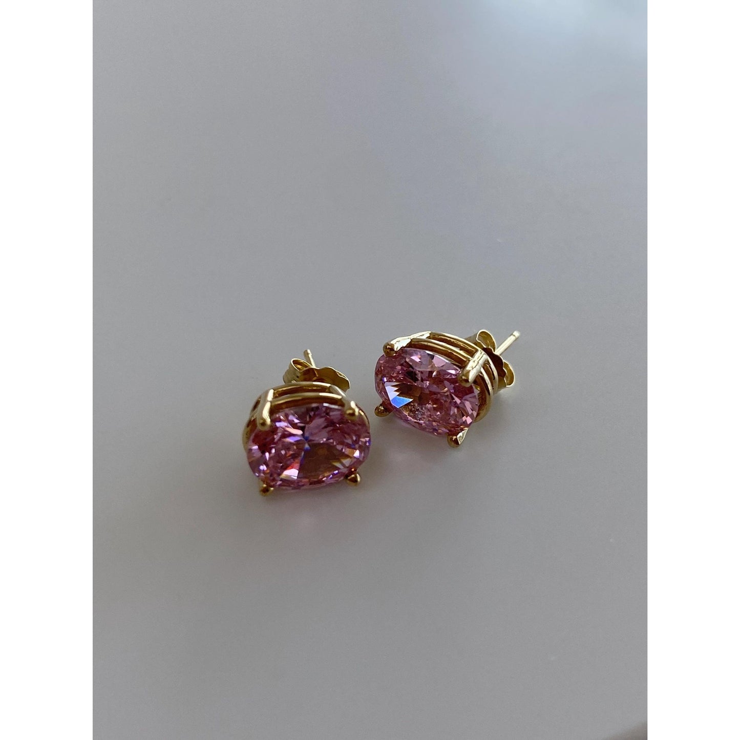 Vintage Solid 14k Yellow Gold Pink Cubic Zirconia Stud Earrings