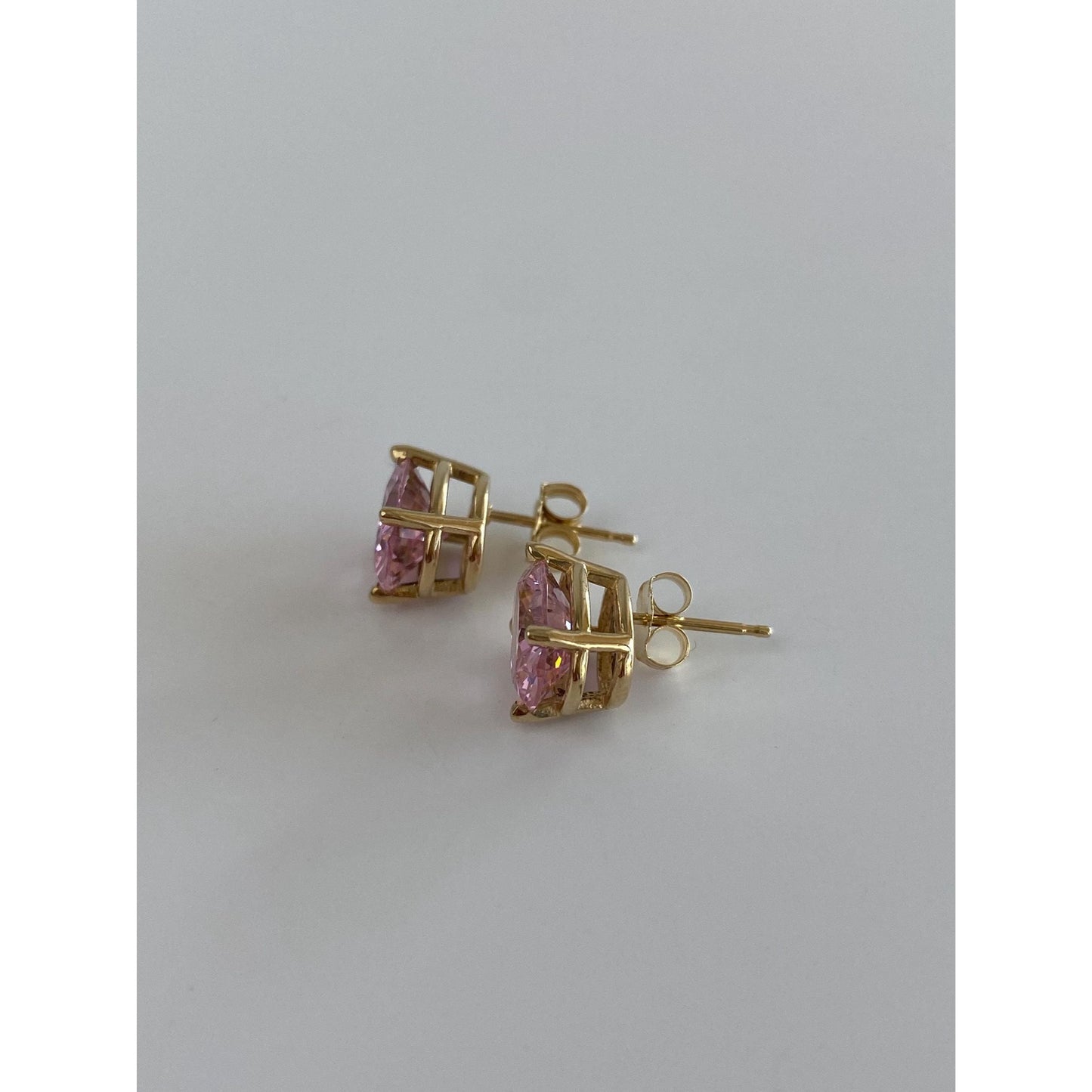 Vintage Solid 14k Yellow Gold Pink Cubic Zirconia Stud Earrings
