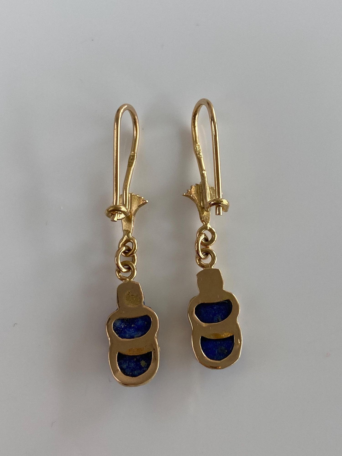 Vintage Solid 18k Yellow Gold Blue Lapis Inlay Scarab Dangle Earrings