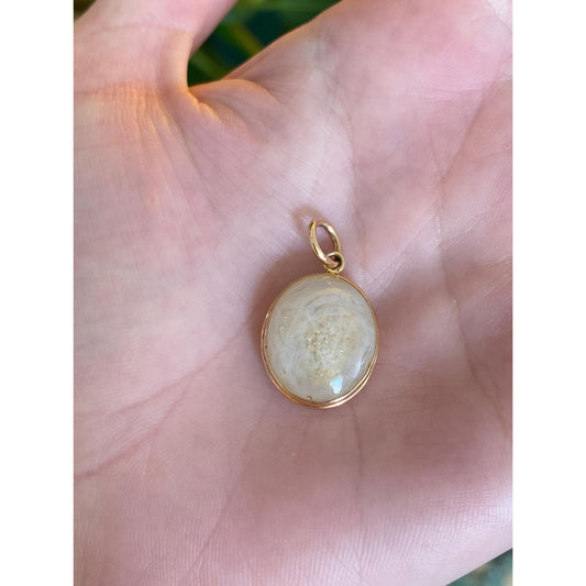 Vintage Solid 14k Yellow Gold White Agate Cabochon Charm