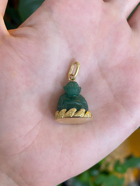 Solid 18k Yellow Gold Carved Jade Buddah Charm
