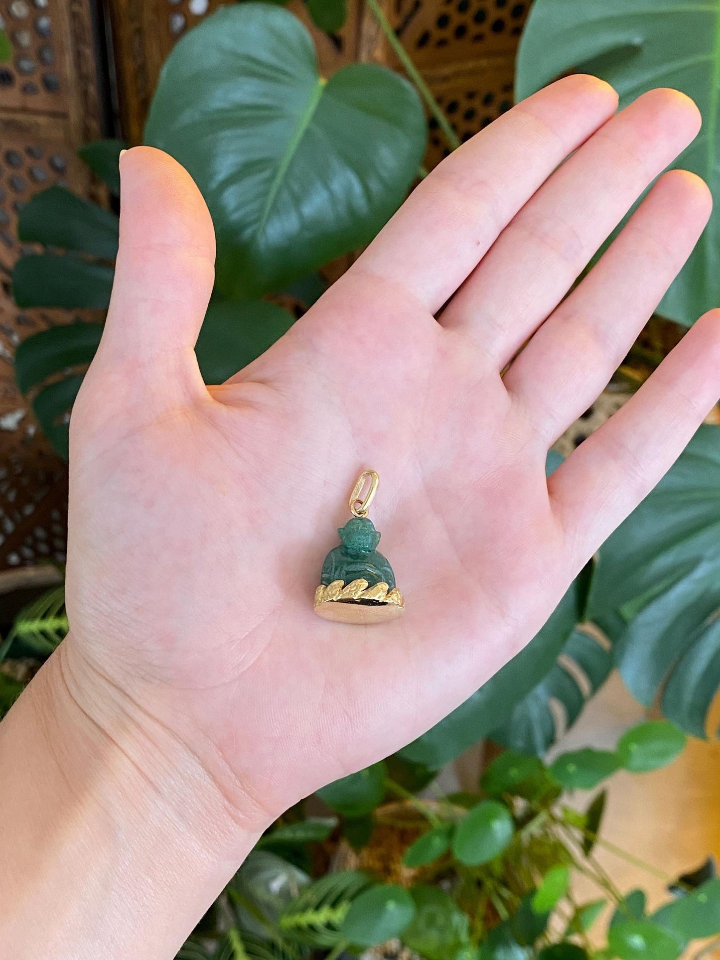 Solid 18k Yellow Gold Carved Jade Buddah Charm
