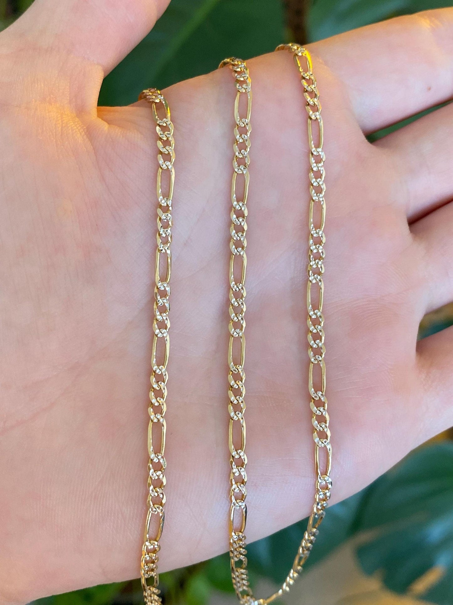 Vintage Solid 14k White & Yellow Gold Diamond Cut Figaro Chain Necklace - 20 inches