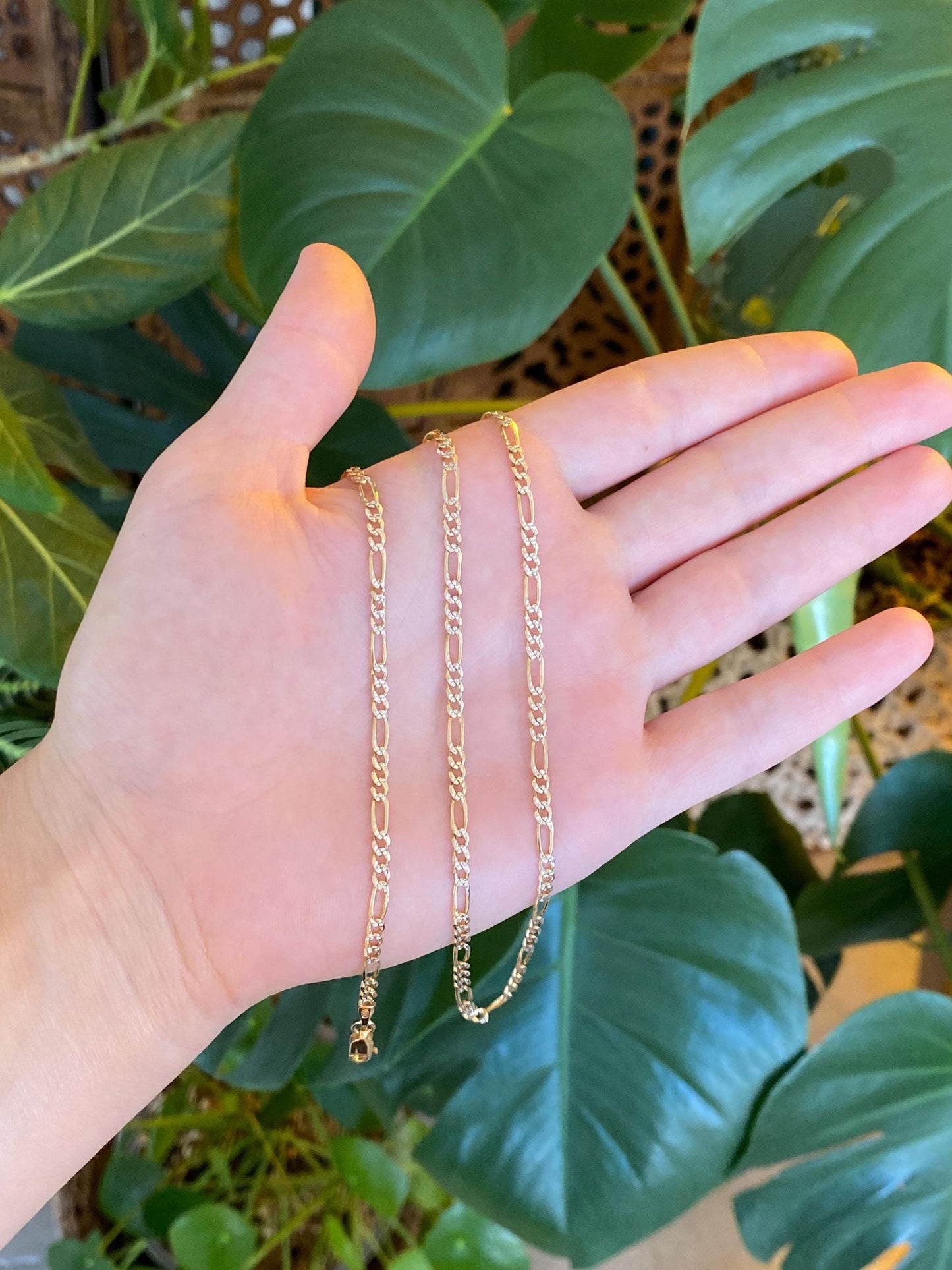 Vintage Solid 14k White & Yellow Gold Diamond Cut Figaro Chain Necklace - 20 inches