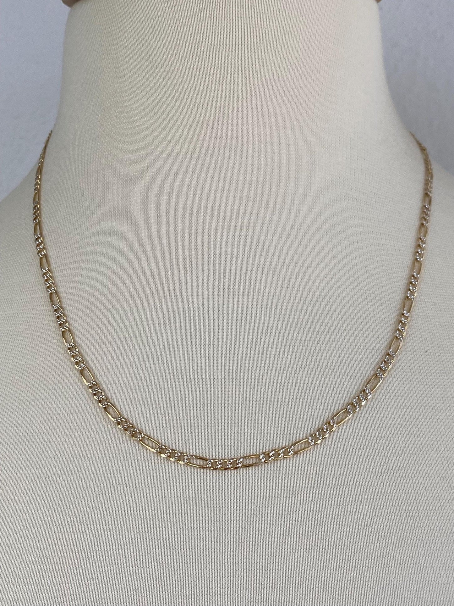 Vintage Solid 14k White & Yellow Gold Diamond Cut Figaro Chain Necklace - 20 inches