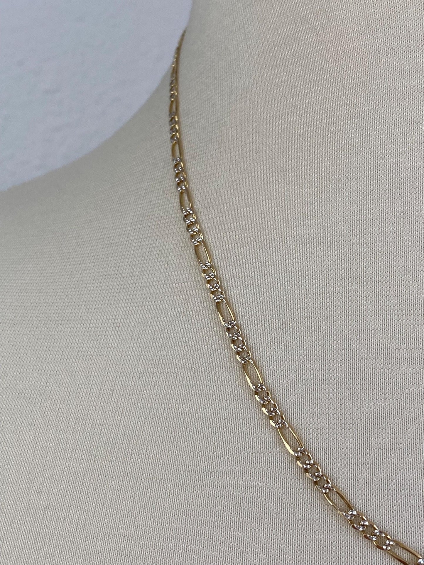 Vintage Solid 14k White & Yellow Gold Diamond Cut Figaro Chain Necklace - 20 inches